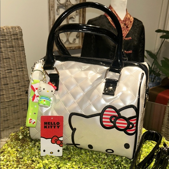 Hello Kitty Quilted White and Black Satchel Crossbody with HK Keychain - Picture 1 of 9